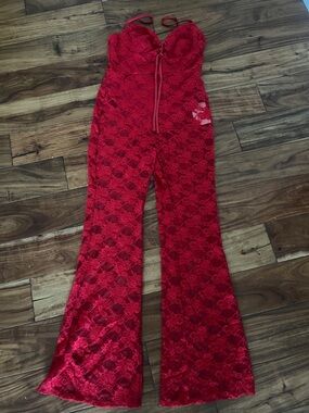 Red Lace Jumpsuit with Flared Legs